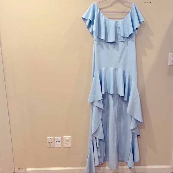Ice Blue High Low Dress with Flutter Sleeve and Neckline - Picture 1 of 10